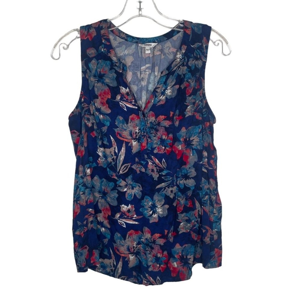 Sonoma Goods For Life Womens Blue Floral Sleeveless Rayon Blouse V-Neck Small